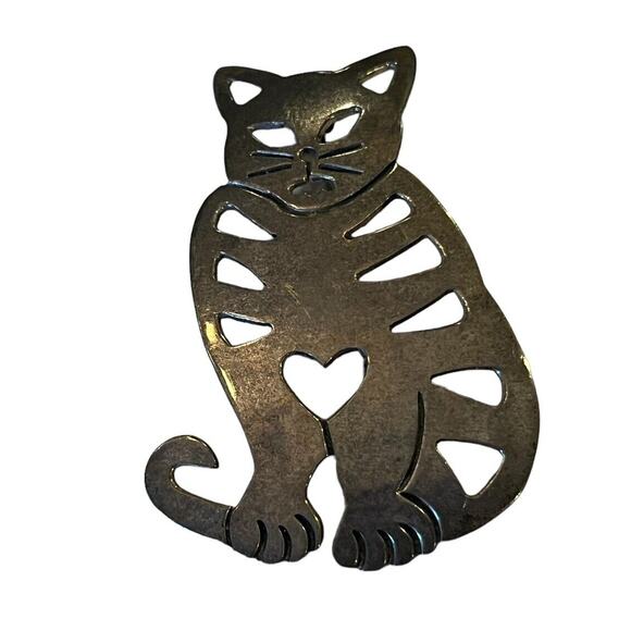 Vintage TM-180 Mexico Sterling Silver Cat Brooch Pin Heart Cutouts 2.5” - Picture 1 of 4